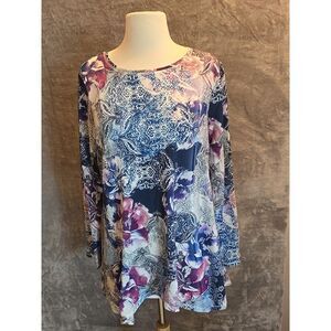 Chico's Zenergy 1 Purple Blue Sz 8 10 Stretch Flared Lagenlook‎ Floral Tunic Top